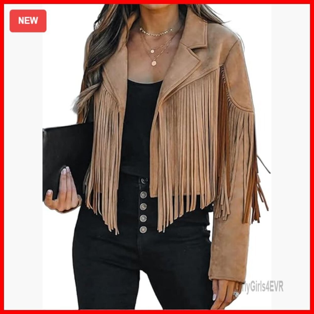 Faux Suede Cropped Jacket with Fringe Tassels, Western Style Motorcycle Coat